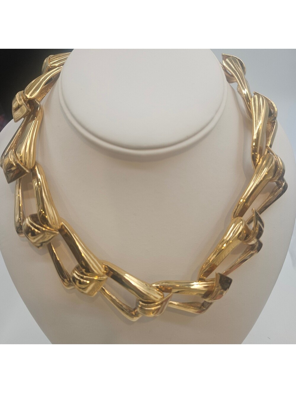 Vintage Chunky Geometric Statement Necklace Architectural Runway Gold Tone 19"
